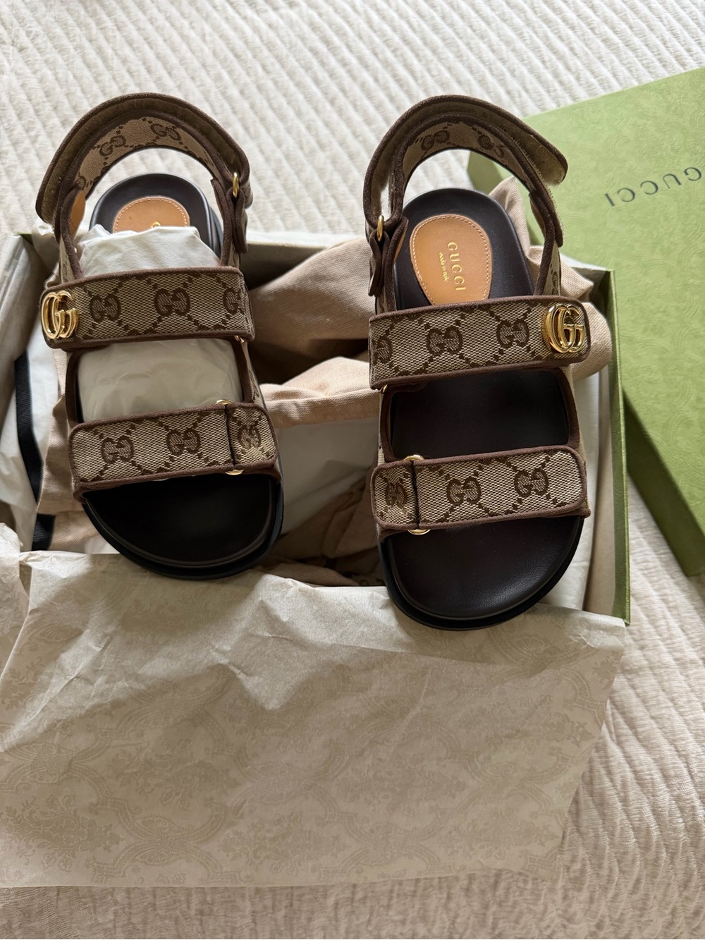 Gucci Beige Brown GG Canvas Logo Sandals with Gold Double G